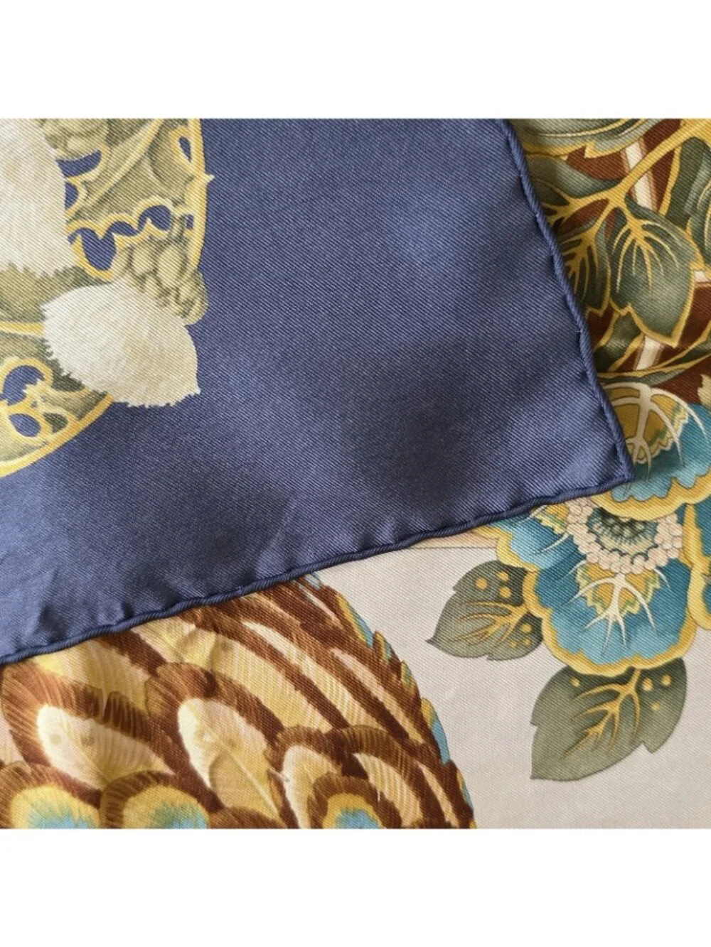 Vtg Salvatore Ferragamo Blue Pheasant Bird Silk Floral Print Hand Rolled Scarf